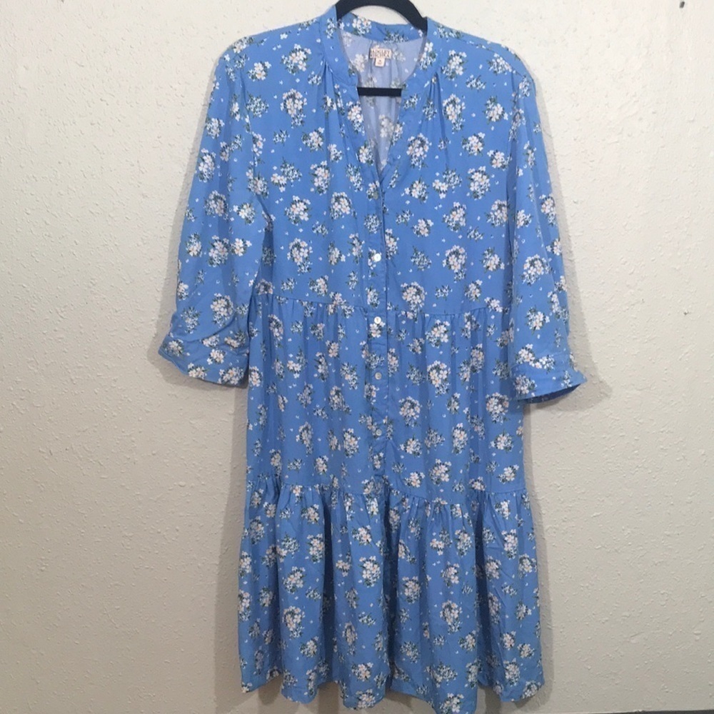 Badgley Mischka Robin Egg Blue Floral Over Sized Tiered Boho 3/4 Sleeve Dress